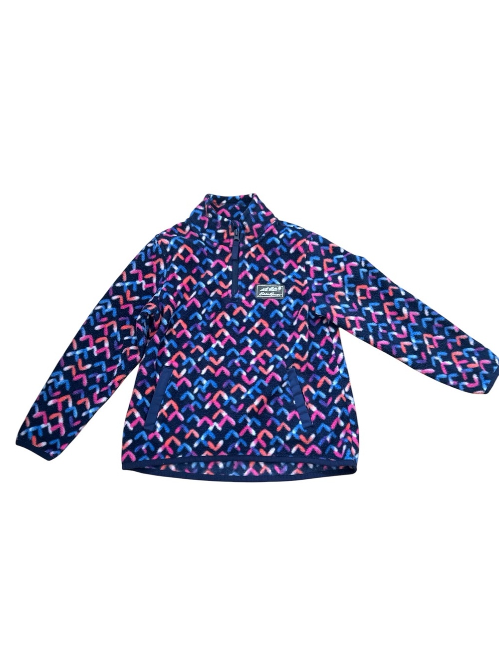 Eddie Bauer Navy Fleece Pullover with Pink & Light Blue Chevron Pattern